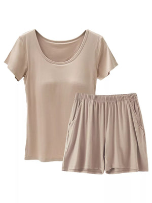 Khaki two-piece pajama set with scoop neck tee and drawstring shorts with pockets