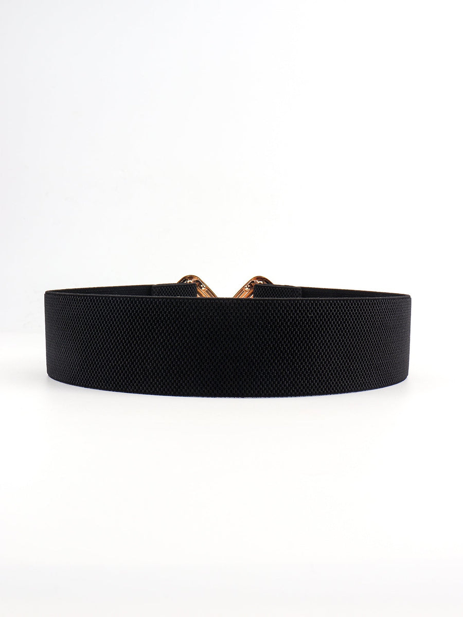 Black elasticated waist belt with geometric gold buckle detail