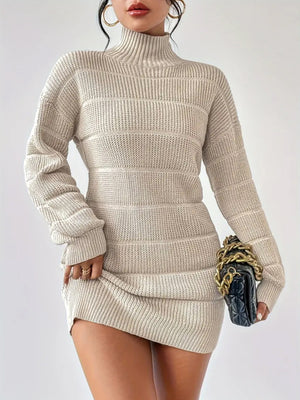 light beige sweater dress with ribbed and turtleneck