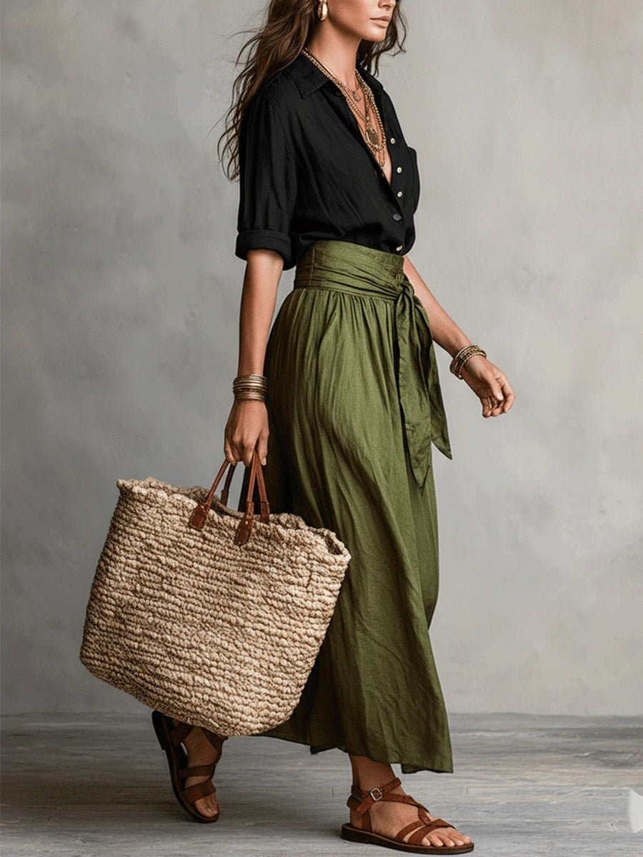 bohemian shirt and skirt set in Caramel with collared