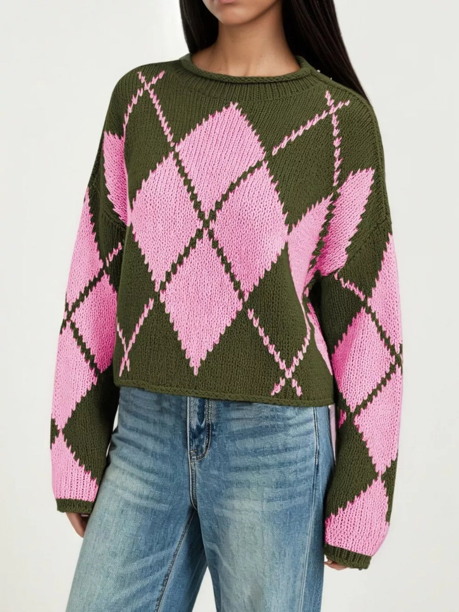 olive green pullover sweater with argyle and crew neck