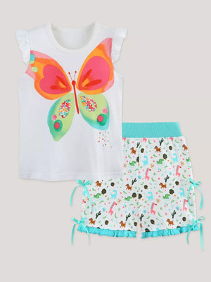 Baby girls white cotton set with butterfly graphic tee and animal print shorts