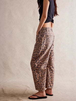 dark brown wide-leg jeans featuring pocketed and leopard