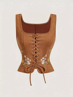 camel vest with floral and square neck