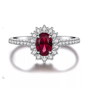 925 Sterling Silver Zircon Oval Ring in ruby red with halo setting