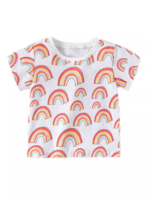 Toddler white cotton crewneck t-shirt with pastel rainbow print.