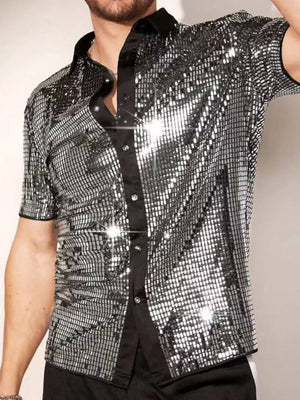 button-up shirt featuring sequin in silver with 95%cotton, 5%spandex Care instructions: Machine wash cold texture