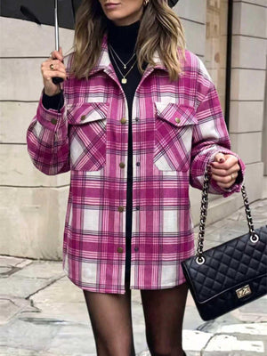 Plaid Snap Down Shacket in Red-Violet