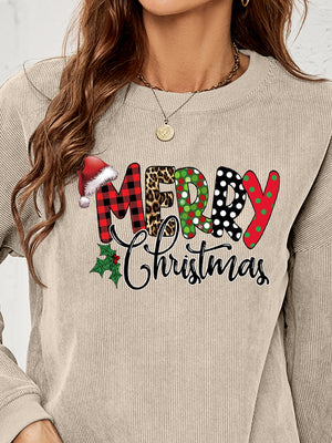 Beige corduroy sweatshirt with Merry Christmas graphic and Santa hat detail.
