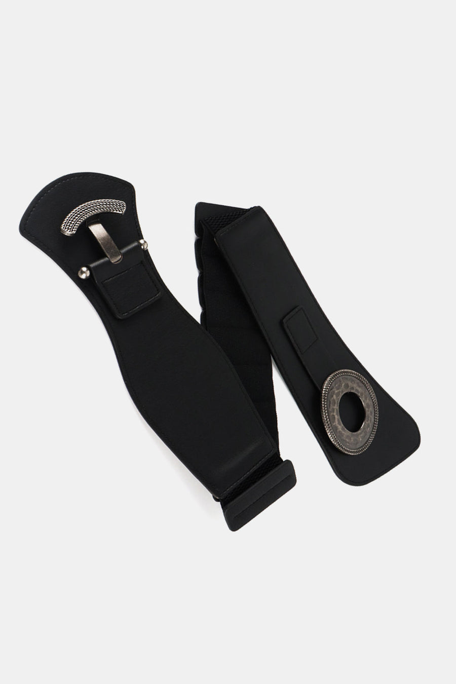 Black elastic wide belt with sculpted alloy buckle and decorative ring detail.