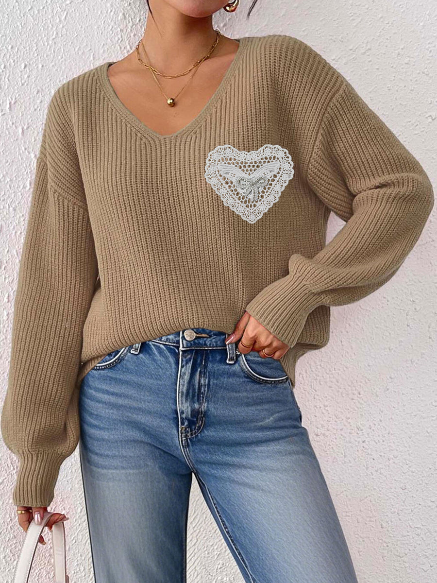 Lace Heart Dropped Shoulder Sweater in Black with lace