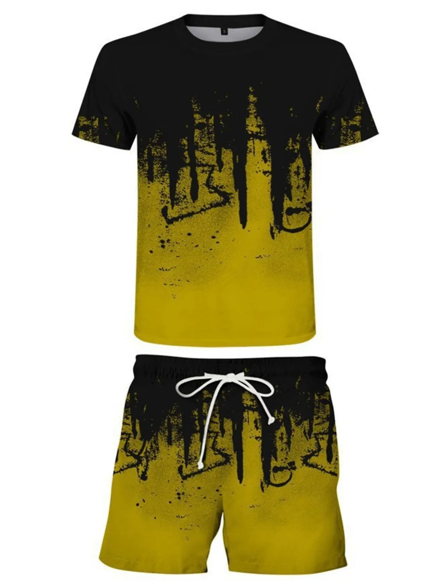 Men's graphic tee and shorts set in yellow and black abstract print, crew neck, drawstring shorts.