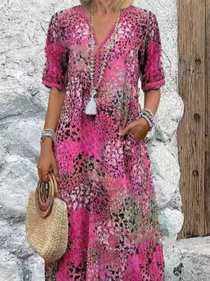 midi dress in Blush Pink with abstract-print and pocketed