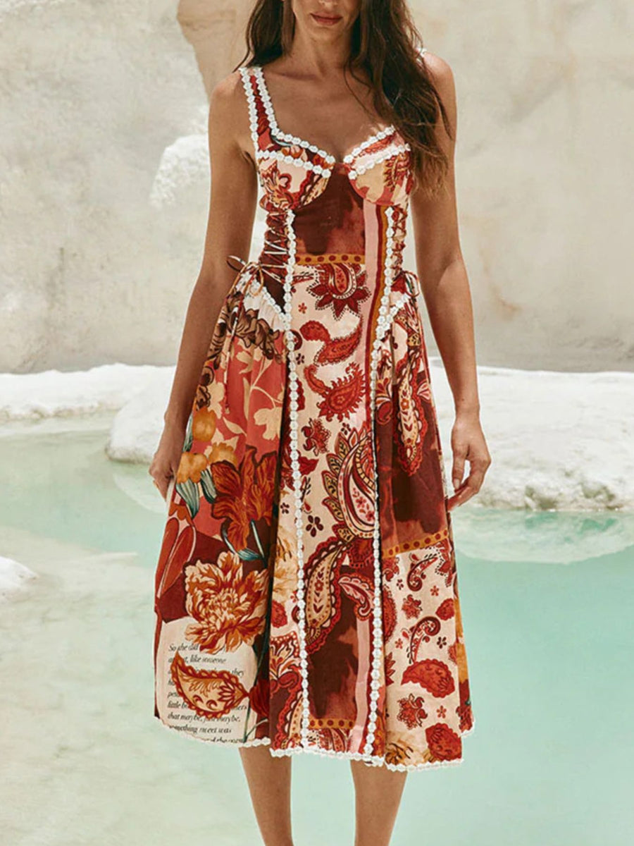 Vintage paisley lace trim midi dress with floral print and corset detail.