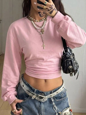Light Gray crop top with ruched and long sleeve