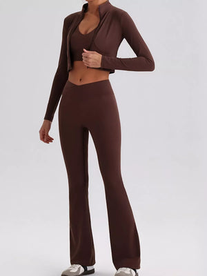light beige fitted activewear set with v-neck