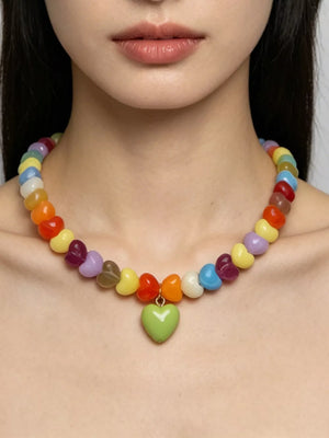 necklace in lime green with heart and heart-shaped beads
