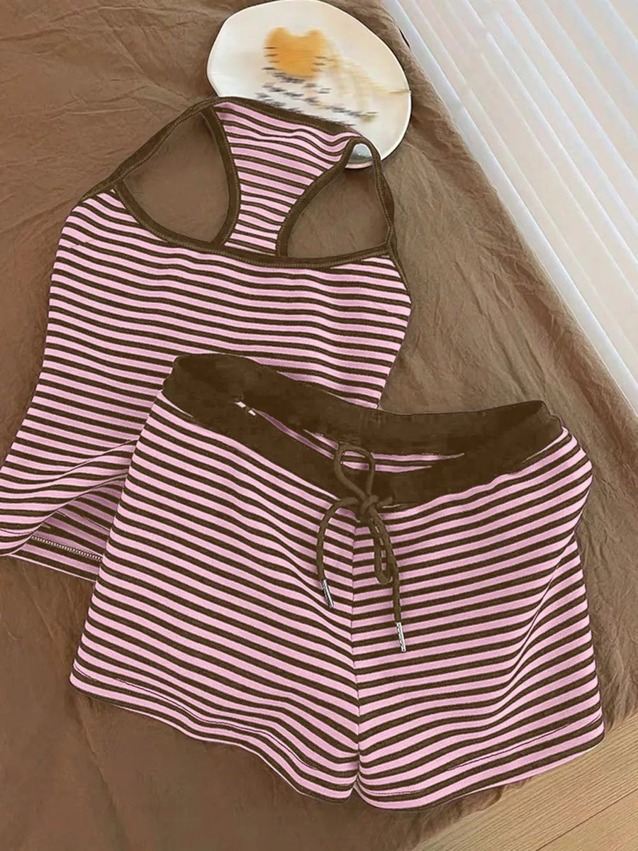 Pink striped tank top and drawstring shorts set with brown trim.