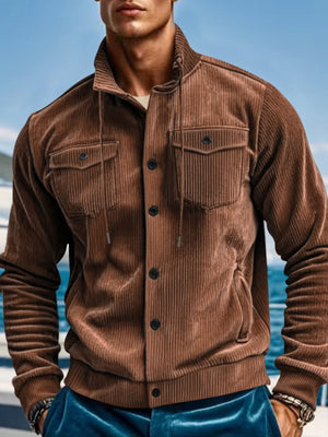 Brown corduroy bomber jacket with dual chest pockets and drawstring hood.