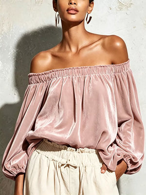 mustard off-shoulder top with elasticized neckline and long sleeve