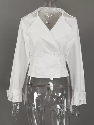 white blazer with buttoned cuffs and long sleeve