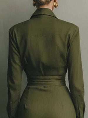 100% polyester Care instructions: Machine wash cold shirt dress in olive green with A-line silhouette