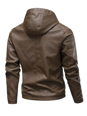 Men's brown faux leather hooded moto jacket with seam details.