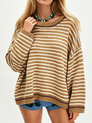 Khaki pullover sweater with dropped shoulder and long sleeve