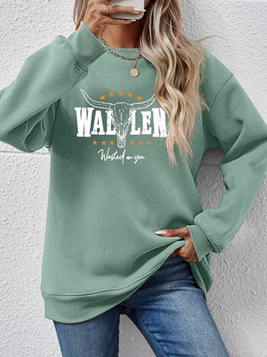 Sage graphic drop shoulder sweatshirt with bull skull and text detail