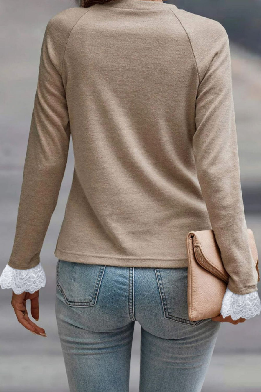 Khaki long sleeve top with lace cuffs and pleated yoke detail