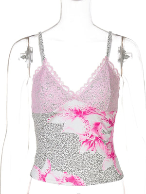 Lace-trimmed camisole with pink floral and leopard print, V-neck, adjustable straps.