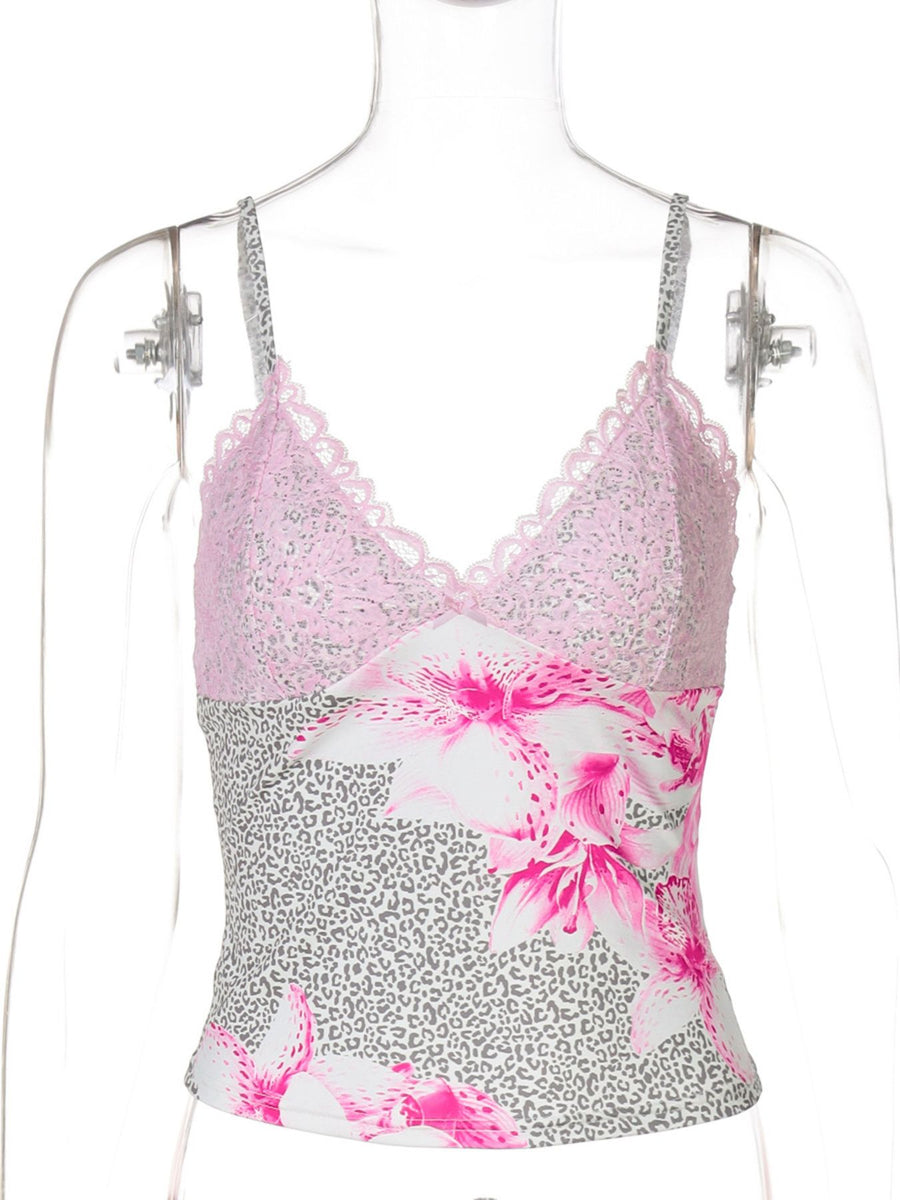 Lace-trimmed camisole with pink floral and leopard print, V-neck, adjustable straps.