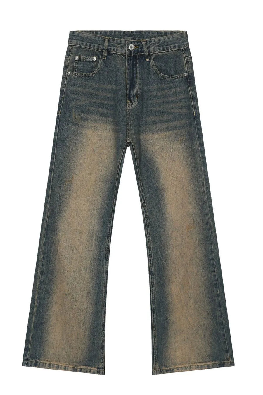 Faded wash bootcut denim jeans in medium color with a distressed look.