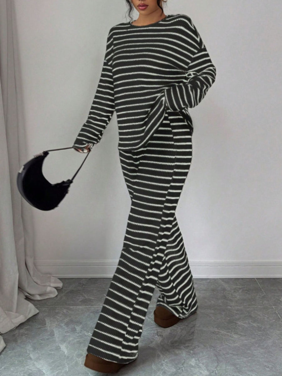 Top and Pants Set featuring striped in White with 100% polyester Care instructions: Machine wash cold texture