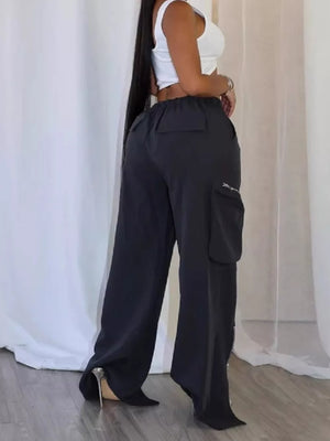 Black with Drawstring Cargo Pants With Zipper Accents in Black