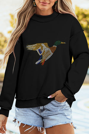 black sweatshirt with graphic print and mock neck