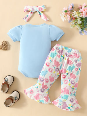 Light blue baby bodysuit with ruffled sleeves and bunny floral print bell bottom pants and headband.