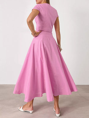 classic skirt set in blush pink with round neck