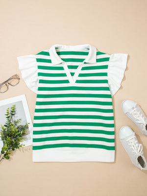 Green and white striped cotton blouse with ruffled sleeves and a polo collar.