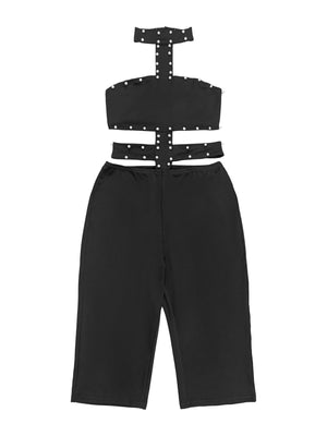 Studded Halter Cut-Out Romper in Black with cutout