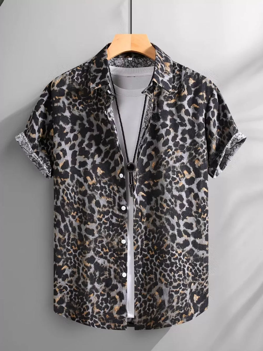 slate gray button-down shirt featuring rolled sleeve and leopard-print