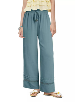 Teal wide-leg maternity pants with drawstring and decorative hem detail