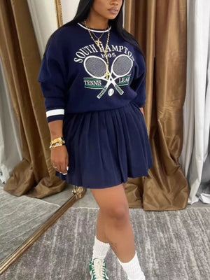 Navy graphic sweatshirt with tennis print and pleated mini skirt duo
