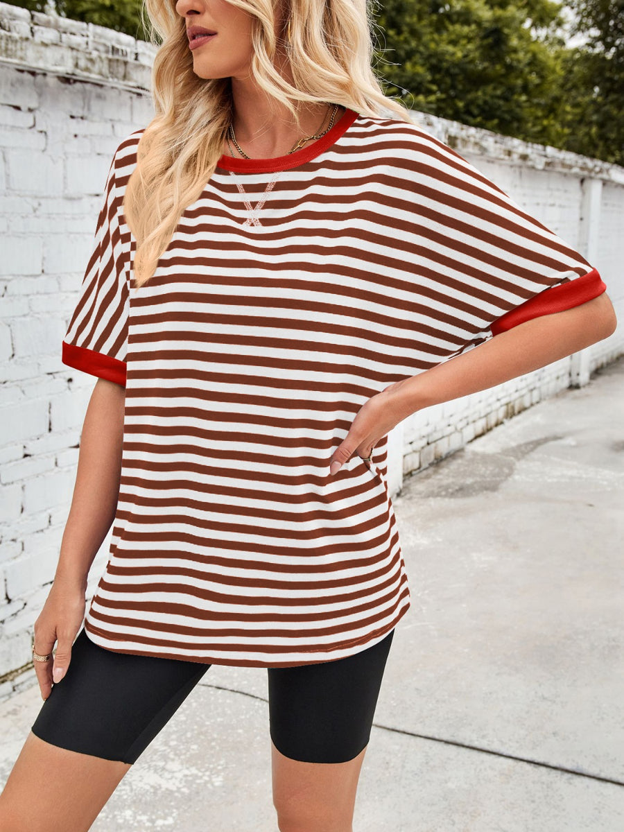 Striped t-shirt with rust and white stripes and red trim.