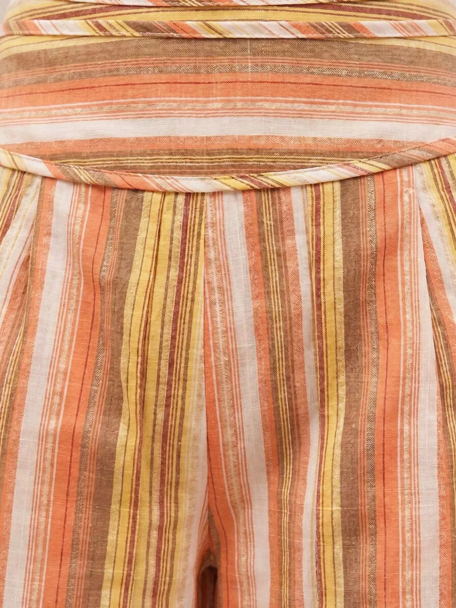 Tangerine Striped Wide-leg Pants With Tie Waist