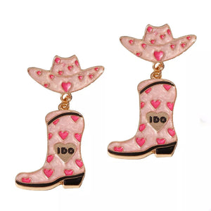 Pink cowgirl hat and boot dangle earrings with heart pattern and I DO detail.