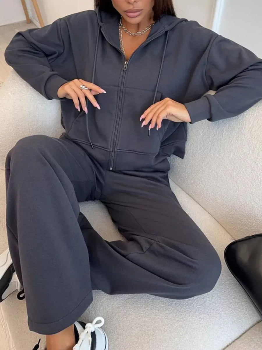 100% polyester Care instructions: Machine wash cold lounge set in Light Gray with relaxed, wide-leg silhouette