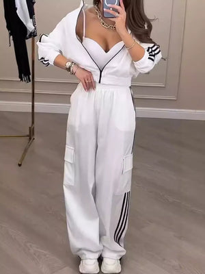 white tracksuit with striped and mock neck