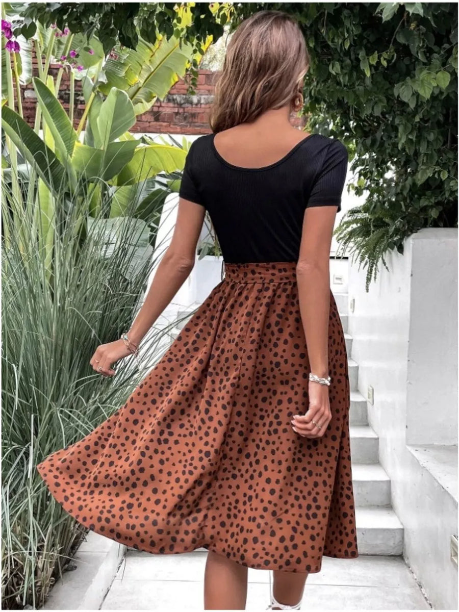 rust midi dress featuring ribbed and leopard