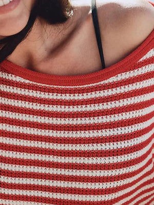 pullover sweater featuring striped in Red with 65% polyester, 30% viscose, 5% elastane Care instructions: Machine wash cold